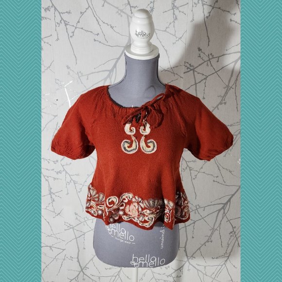 Edme & Esyllete Burnt Orange Wool Embroidered Short Peasant Blouse - Picture 1 of 5